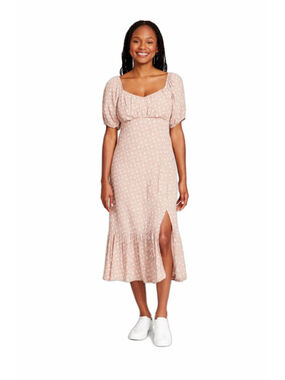 And Now This Extra Extra Small Beige & White Printed Puff-Sleeve Midi Dress NWT